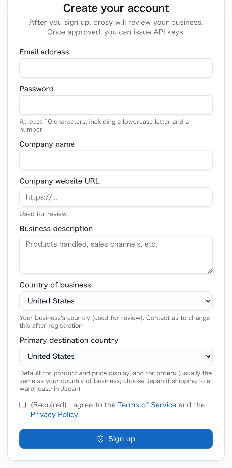 orosy portal sign-up form: email, password, company name, company website URL, business description, country of business, primary destination country, terms checkbox