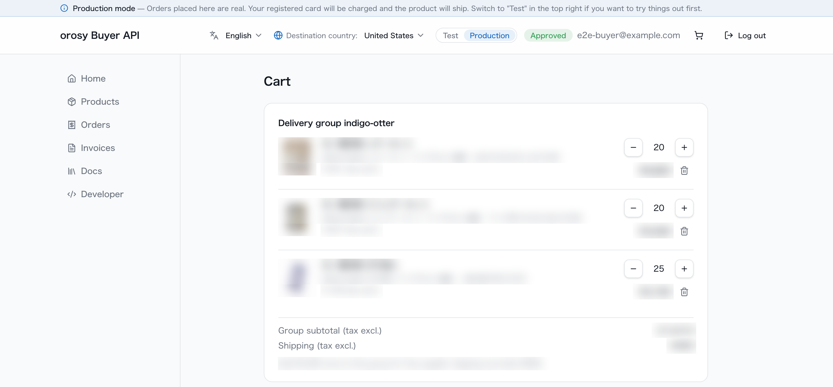 Buyer portal cart. Product names, photos and prices are blurred.
